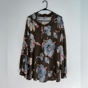 ANDREE BY UNIT Olive Floral Cowl Neck Tunic Top with Blue & Pink Blooms